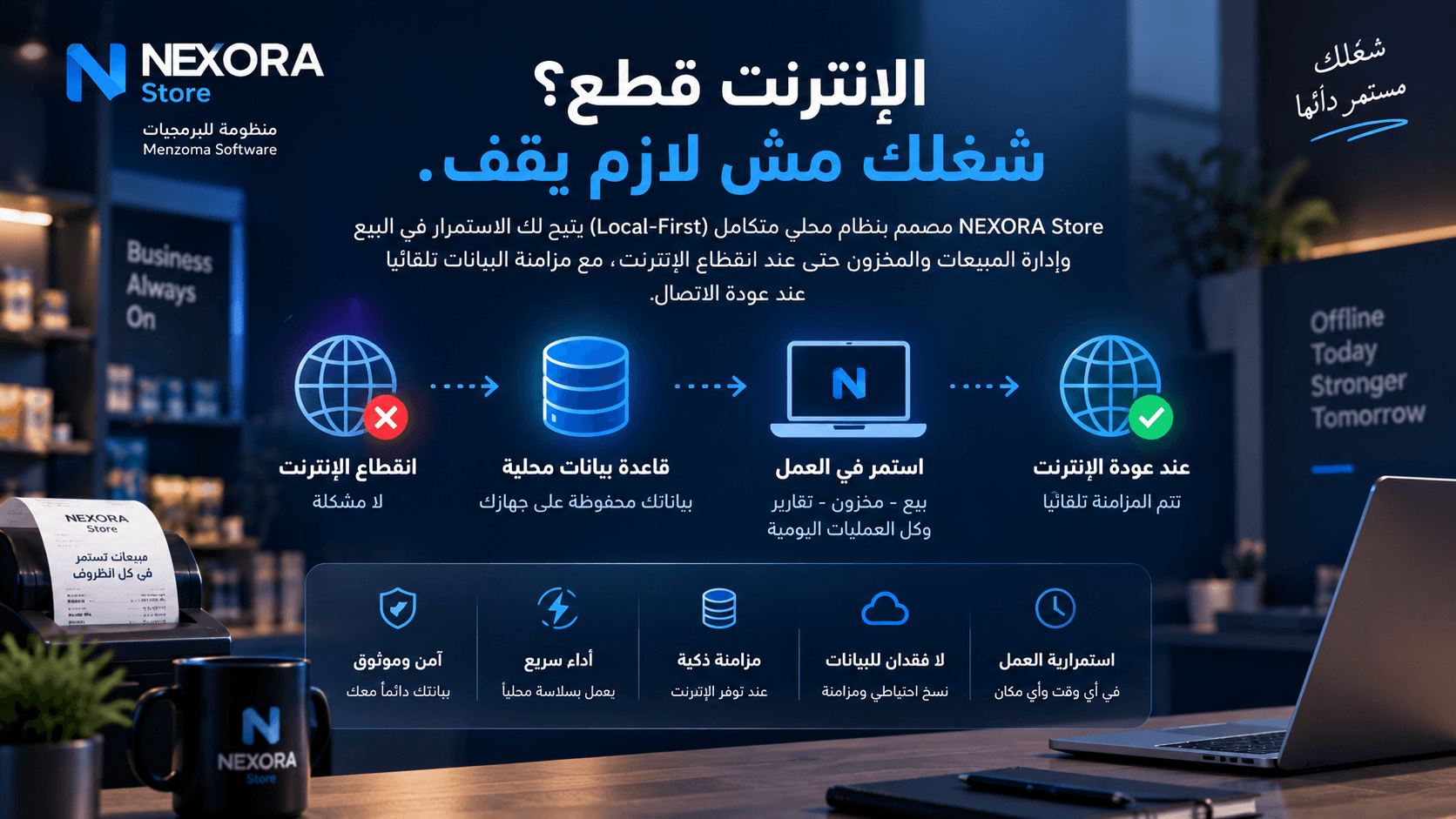 NEXORA Store يعمل محلياً حتى عند انقطاع الإنترنت